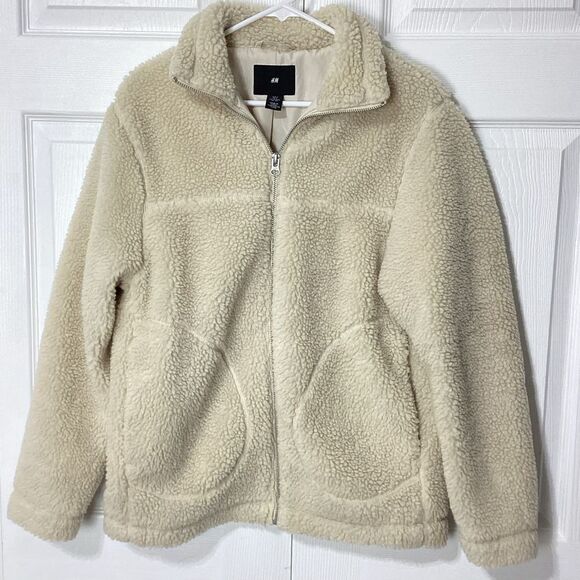 H&M Sherpa Fleece Jacket Zip Front Off-White Cream Size S - Picture 1 of 9